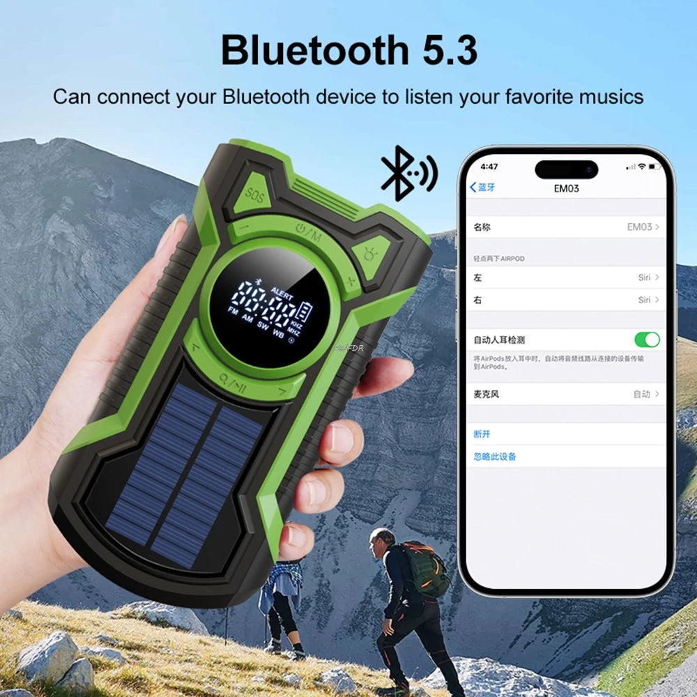 5000Mah Emergency Radio Hand Crank Solar FM AM WB NOAA Weather Radio with LED Flashlight BT 5.3 Speaker Power Bank Phone Charger