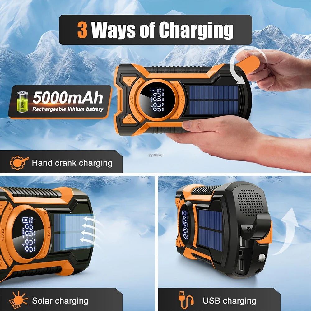 5000Mah Emergency Radio Hand Crank Solar FM AM WB NOAA Weather Radio with LED Flashlight BT 5.3 Speaker Power Bank Phone Charger
