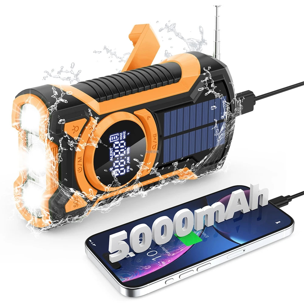 5000Mah Emergency Radio Hand Crank Solar FM AM WB NOAA Weather Radio with LED Flashlight BT 5.3 Speaker Power Bank Phone Charger